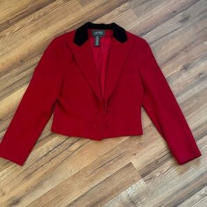 Ralph Lauren Wool Cropped Red Blazer with Black Velvet Collar Accents